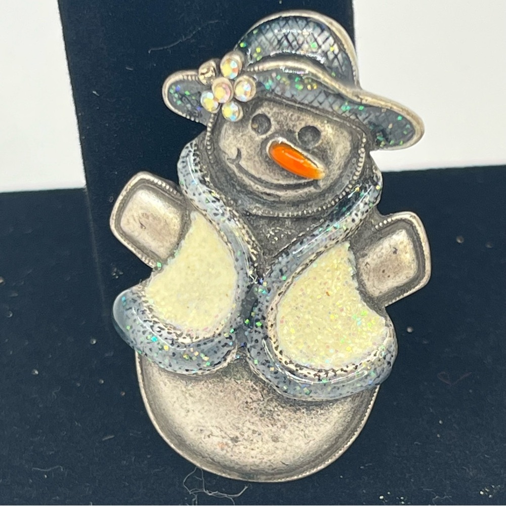 Vintage Snowman Glitter Holiday Brooch,Hat Accent, Winter Christmas Pin. - Picture 2 of 4
